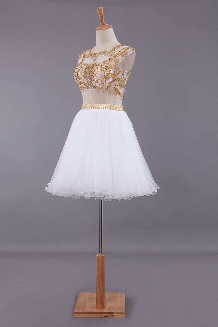 2022 Two-Piece Scoop A Line Short/Mini Homecoming Dresses Tulle Beaded Bodice