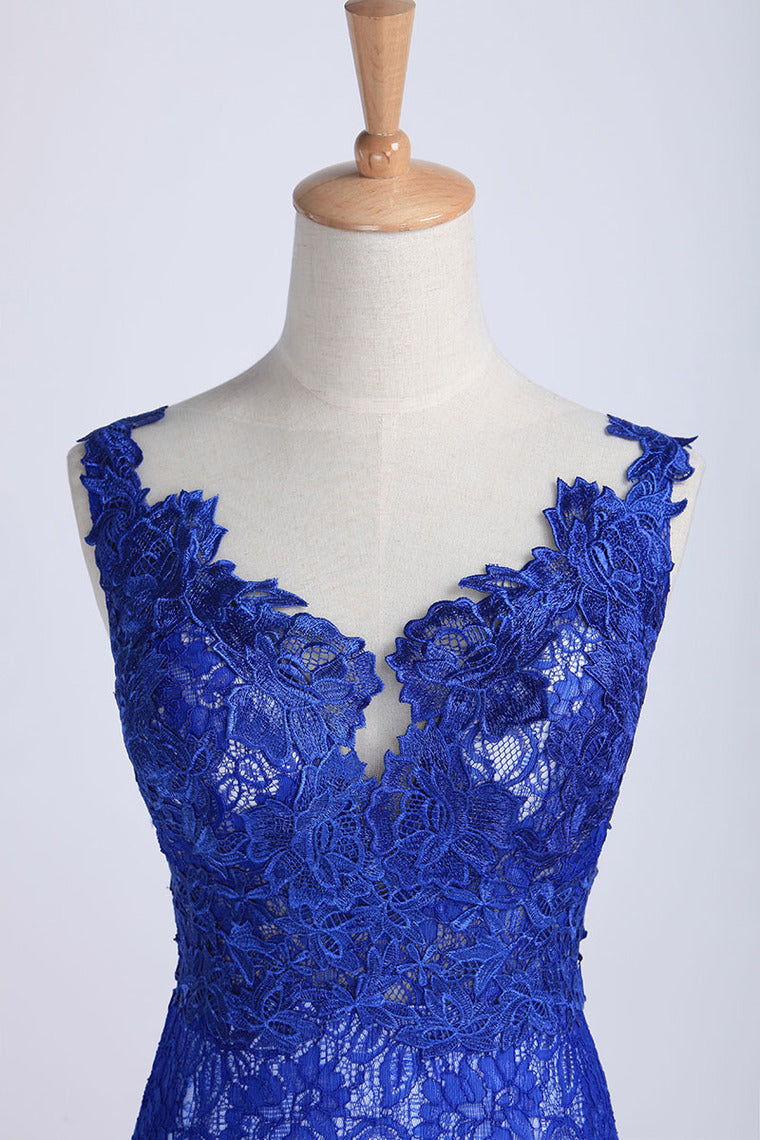 2022 Evening Dresses Bateau Mermaid With Deep V Shape Back Lace&Tulle Dark Royal Blue