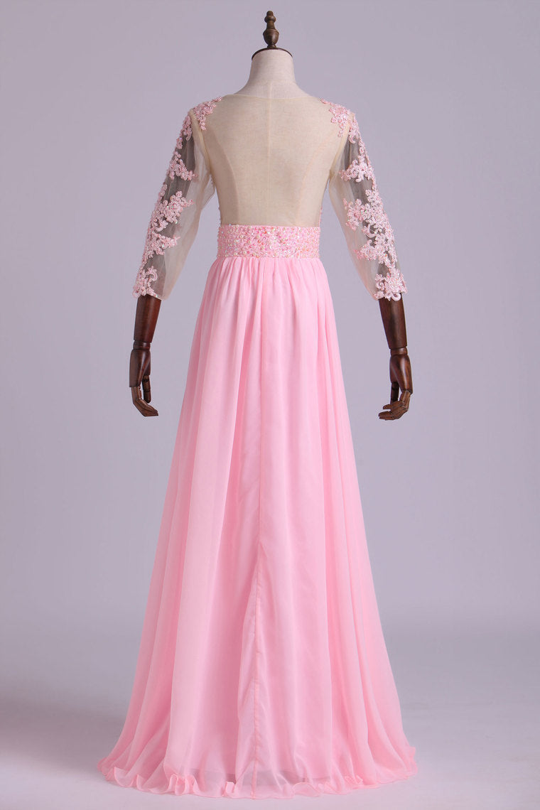2022 Mid-Length Sleeve A-Line Scoop Chiffon Prom Dresses Floor-Length With Applique & Bow-Knot