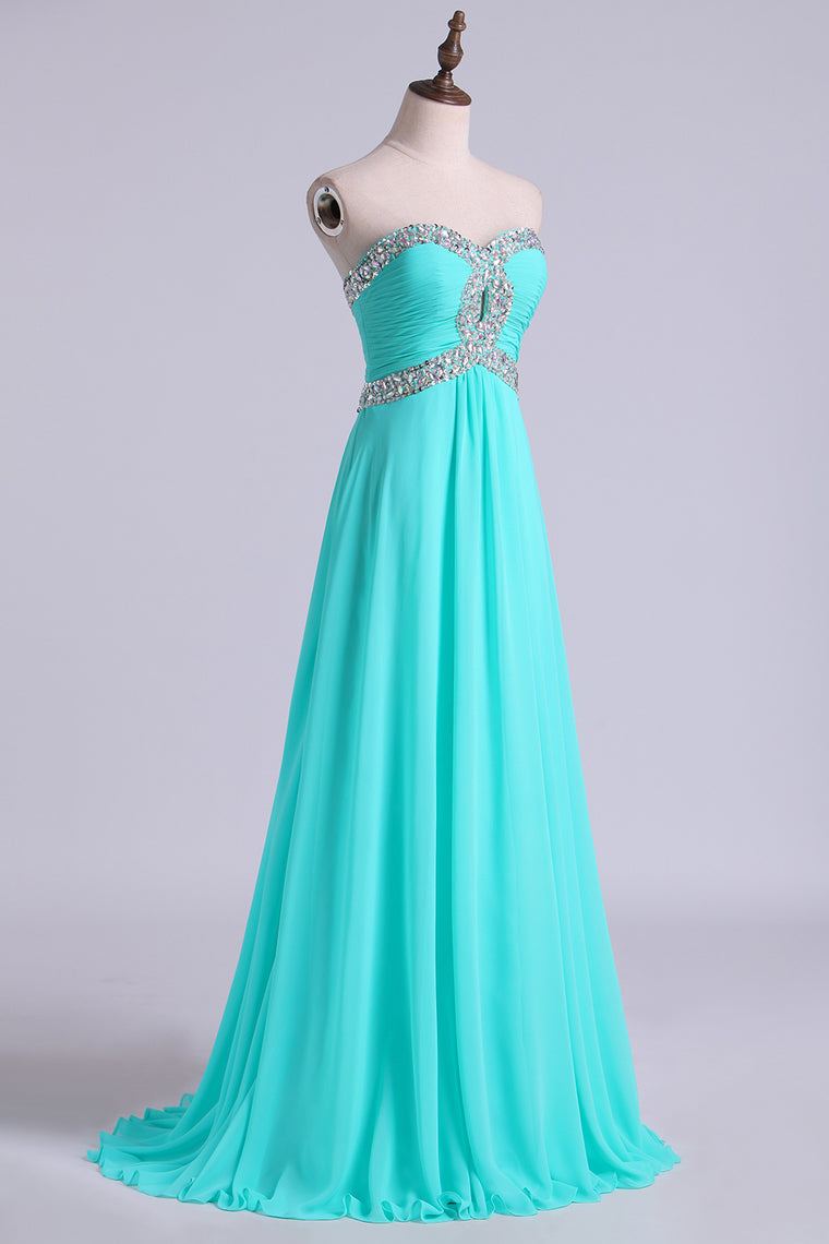2022 Prom Dresses A Line Floor Length Sweetheart Chiffon With Rhinestone