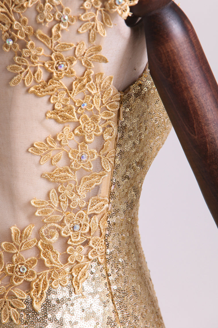 2022 Scoop Mermaid Prom Dresses Sequins With Applique Floor Length Long Sleeves