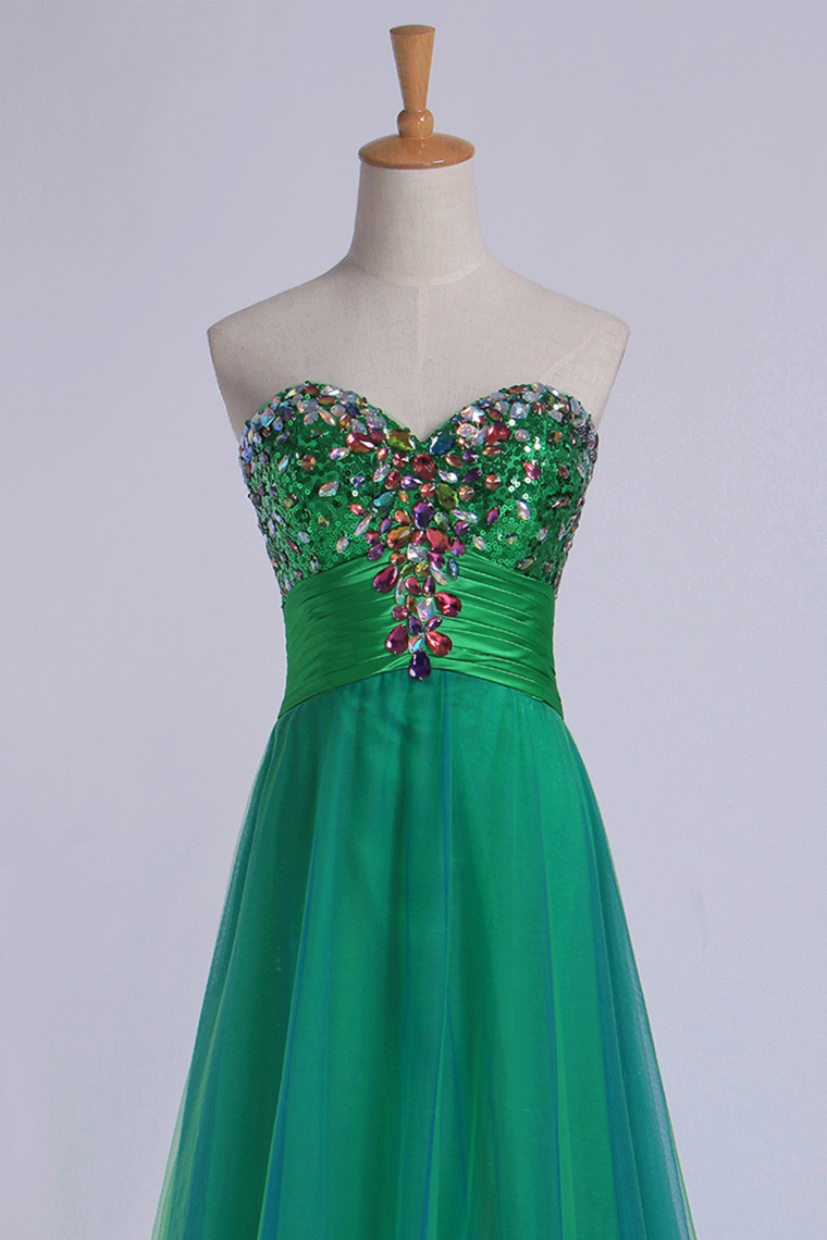 2022 Sweetheart Prom Dresses Empire Waist Floor Length With Beading/Sequins Tulle