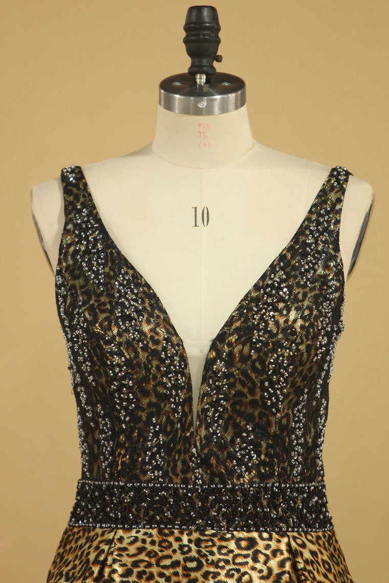 2022 Animal Print V Neck Beaded Bodice A Line Prom Dresses