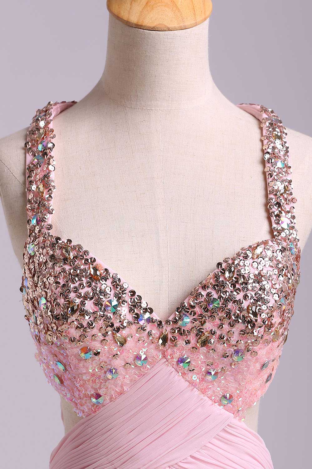 2022 Prom Dresses A-Line Cross Back Floor-Length Chiffon Pink Ready To Ship