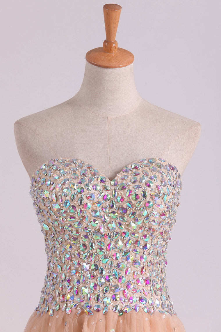 2022 Sweetheart A-Line Prom Gown With Colorful Rhinestone Beaded Bodice Tulle