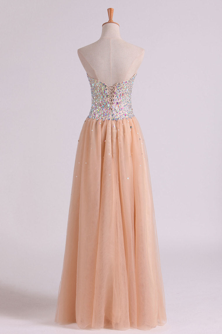 2022 Sweetheart A-Line Prom Gown With Colorful Rhinestone Beaded Bodice Tulle