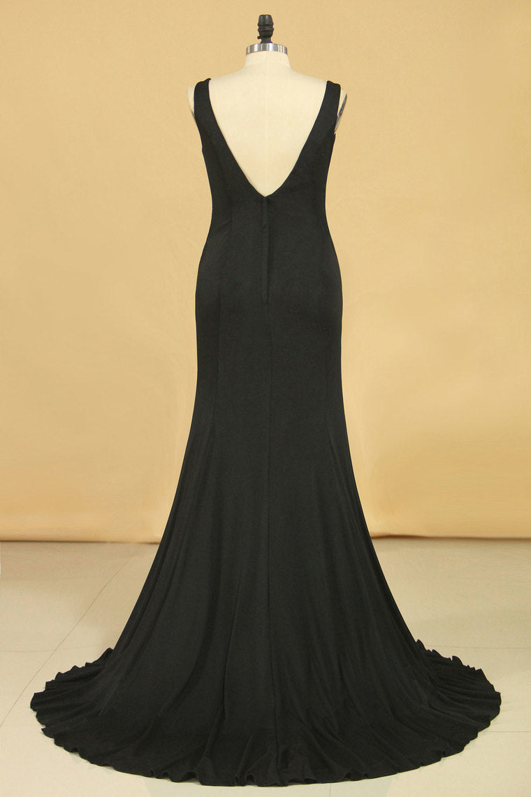 2022 Plus Size Prom Dresses V-Neck Mermaid Court Train Spandex V-Back With Zipper Black