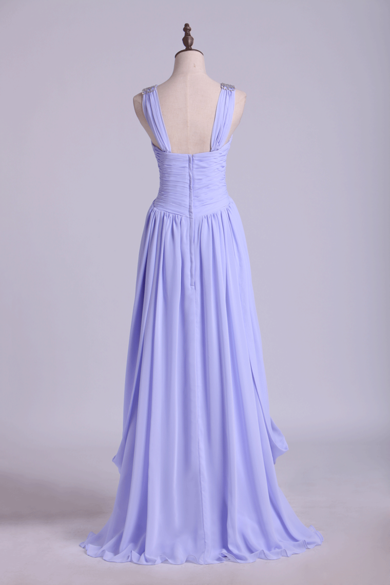 2022 Beautiful Prom Dresses A Line V Neck Floor Length Chiffon With Beaded Straps