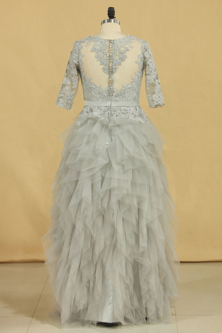 2022 Plus Size Silver Scoop Half Sleeve A Line Mother Of The Bride Dresses With Applique Tulle