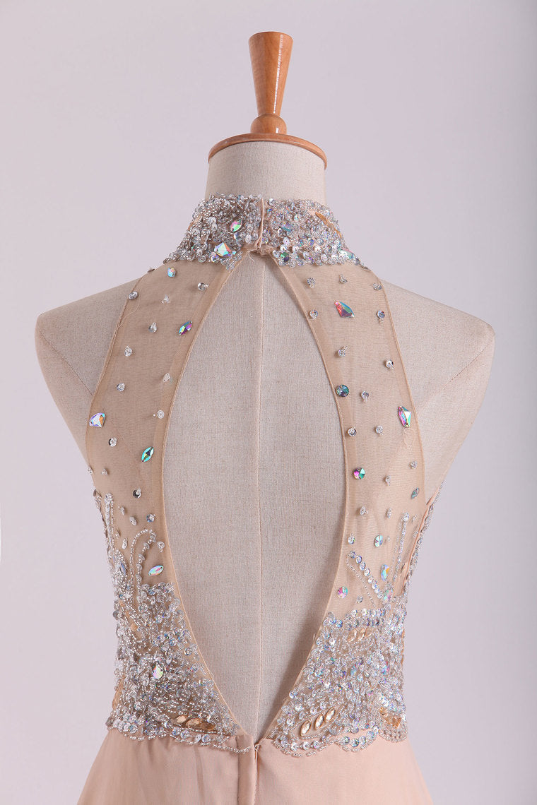 2022 High Neck Prom Dresses A Line Chiffon With Beading Sweep Train