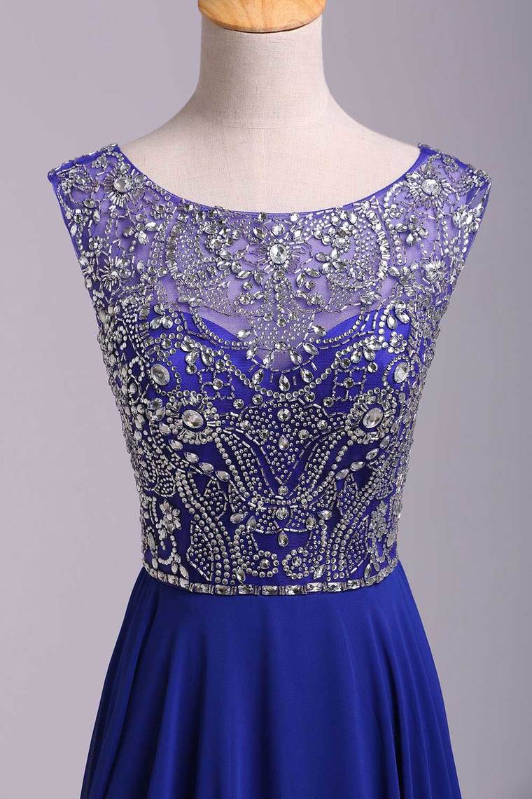 2022 Hot Selling Prom Dresses Dark Royal Blue A-Line Scoop Floor-Length Chiffon