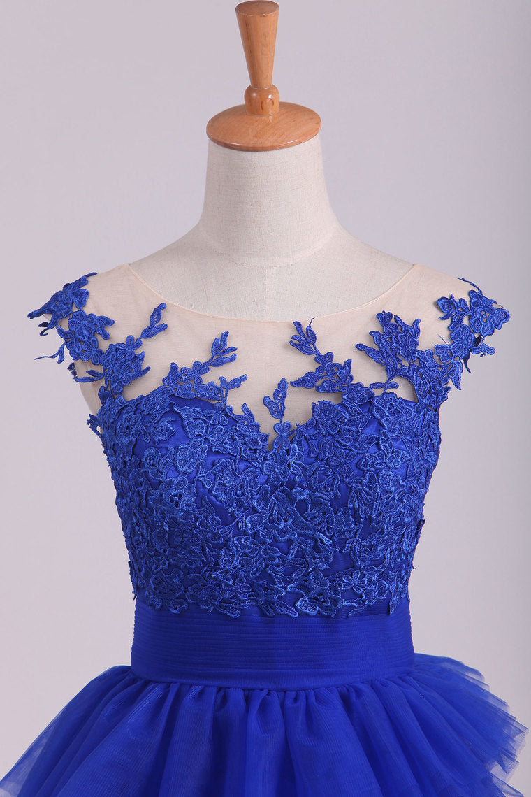 2022 Dark Royal Blue Bateau A Line Evening Dresses With Applique Tulle