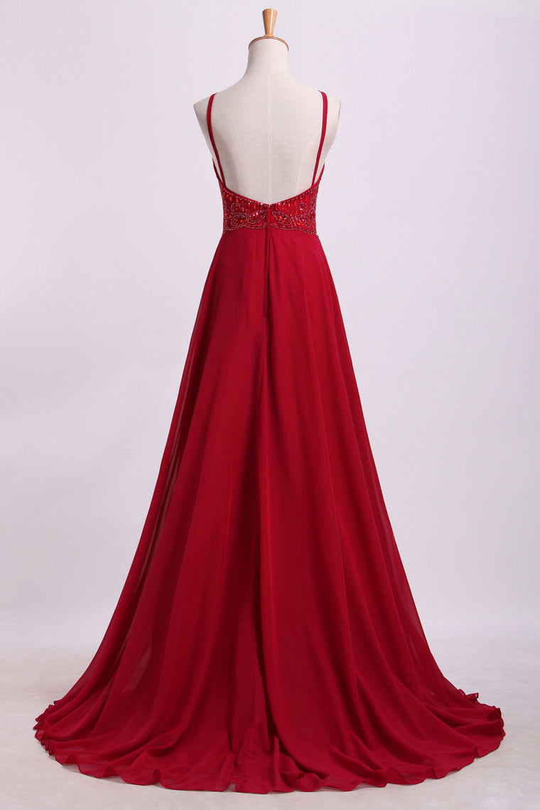 2022  Prom Dresses Spaghetti Straps Beaded Bodice A-Line Chiffon