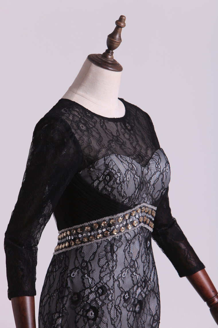 2022 Black Mermaid Evening Dresses Scoop Open Back Long Sleeves Tulle & Lace With Beading