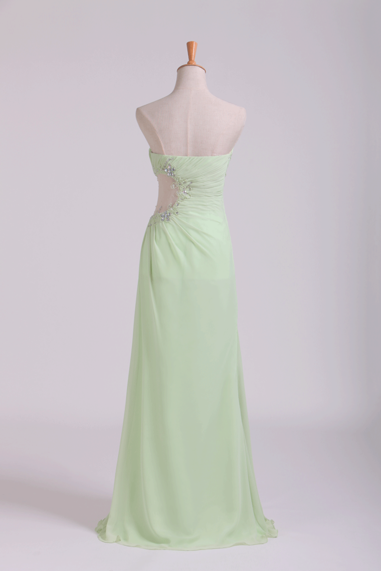 2022 Prom Dress Column Ruffled Bodice Beaded With Slit Floor Length