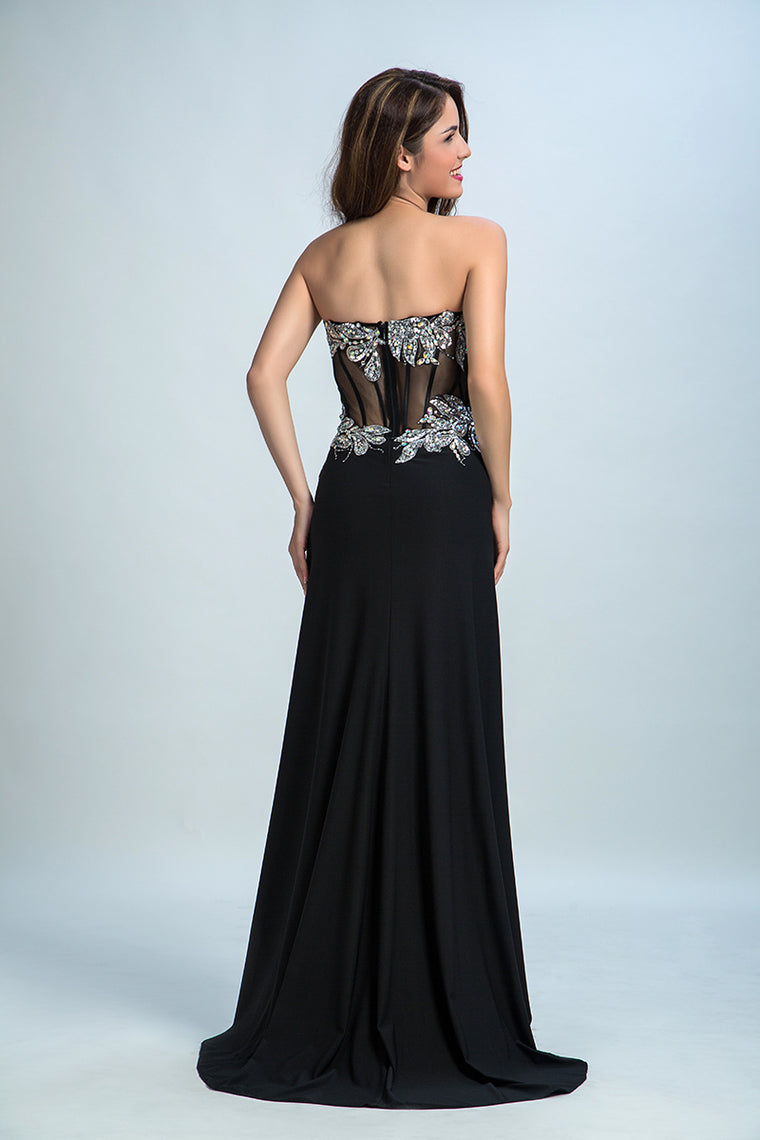 2022 Black Prom Dresses Mermaid/Trumpet Black Sweetheart Chiffon With Rhinestone