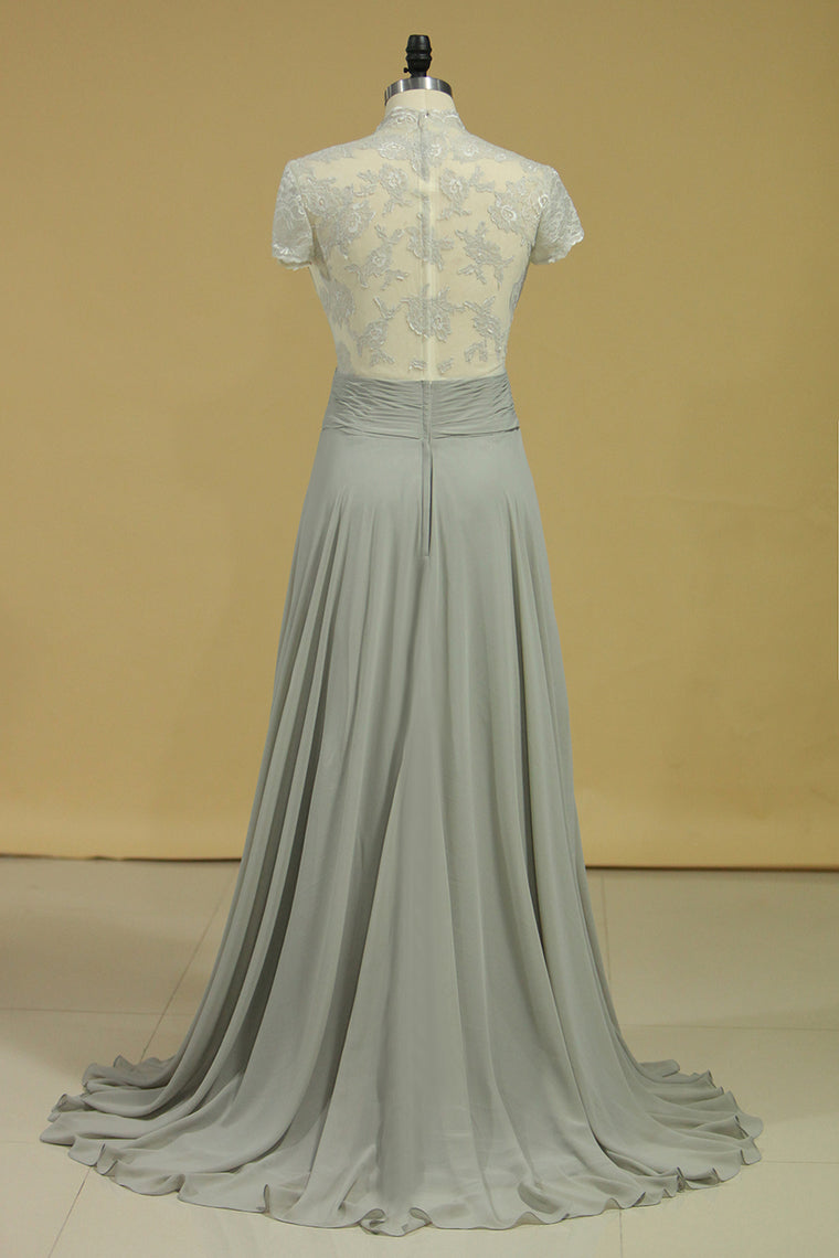 2022 V Neck Prom Dresses A Line Chiffon With Slit & Applique