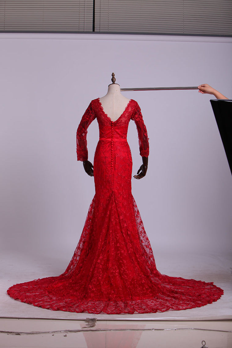 2022 V-Neck Evening Dresses Mermaid With Applique Lace And Tulle