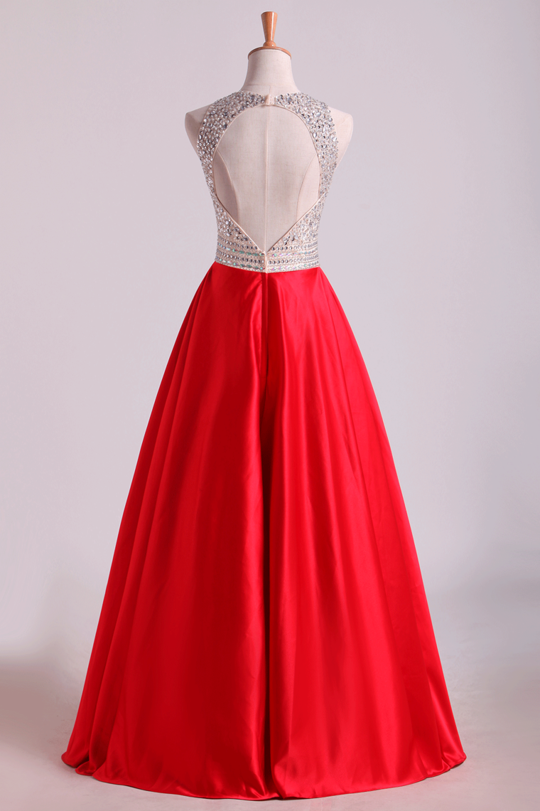 2022 Scoop Open Back Beaded Bodice A Line Prom Dresses Satin & Tulle