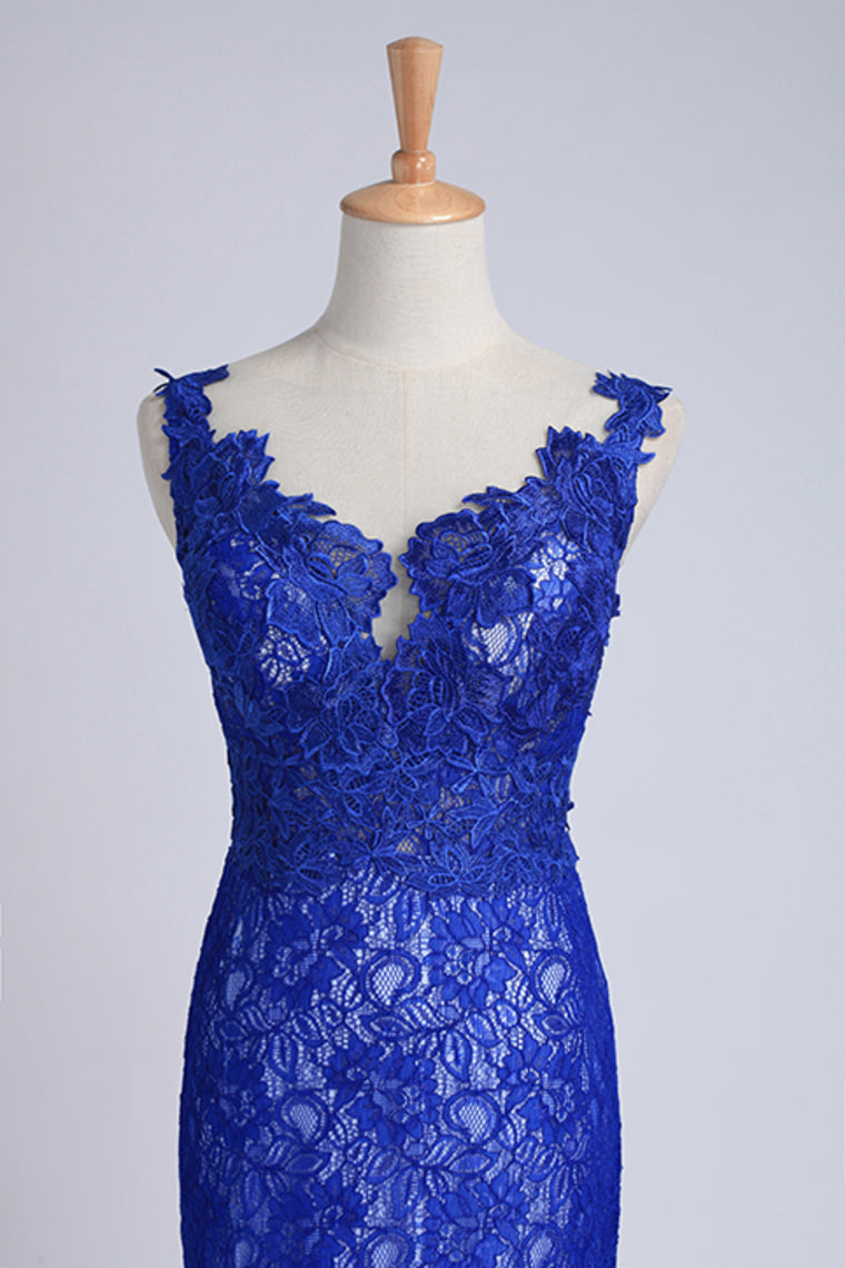 2022 Evening Dresses Bateau Mermaid With Deep V Shape Back Lace&Tulle Dark Royal Blue
