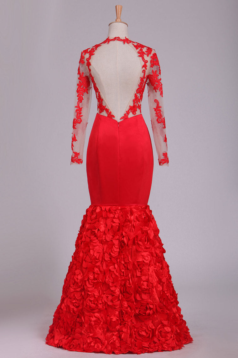 2022 Evening Gown Scoop Long Sleeves Mermaid With Handmade Flower