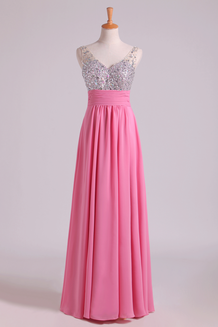 2022 Prom Dresses A Line V Neck Chiffon With Beading/Sequins Sleeveless Floor Length