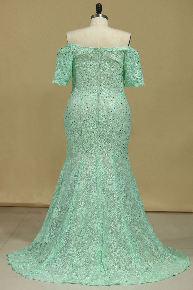 2022 Sheath/Column Mid-Length Sleeves Bateau Lace Sweep Train Prom Dresses