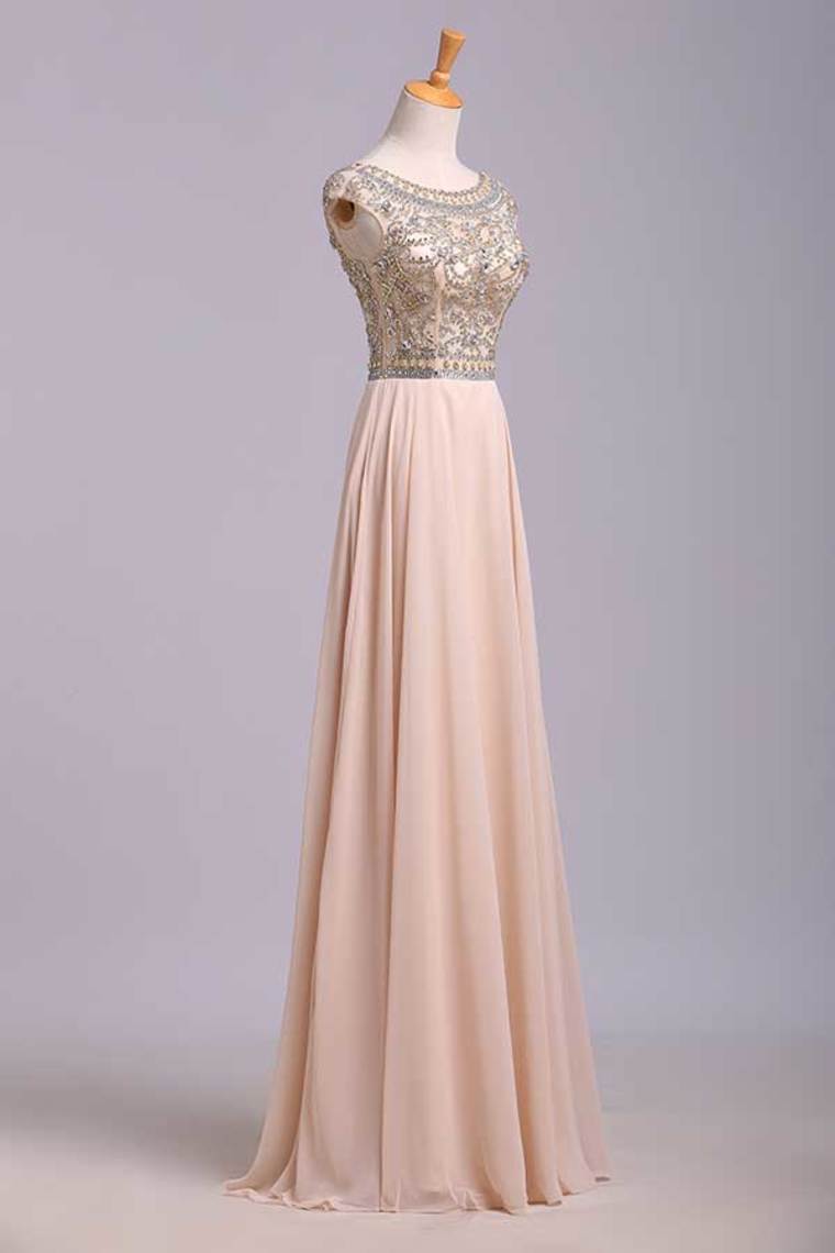 2022 Prom Dress Scoop A Line Floor Length Beaded Tulle Bodice With Chiffon Skirt
