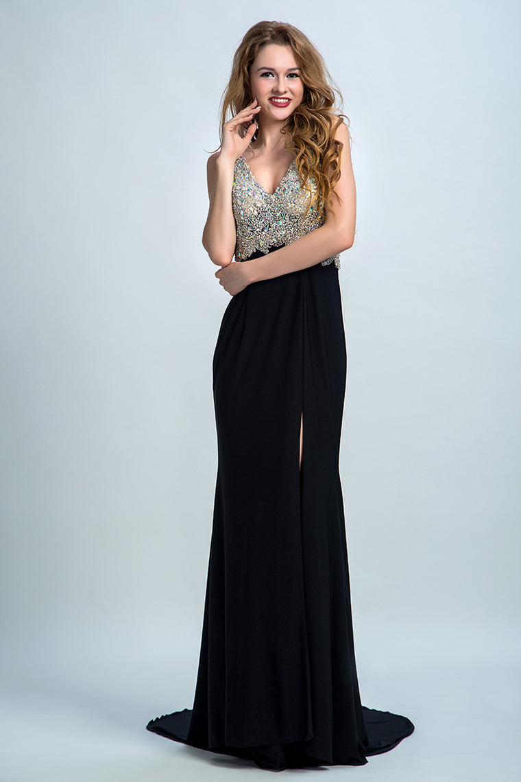2022 Prom Dresses Full Beaded Bodice Backless Chiffon Sweep Train Black