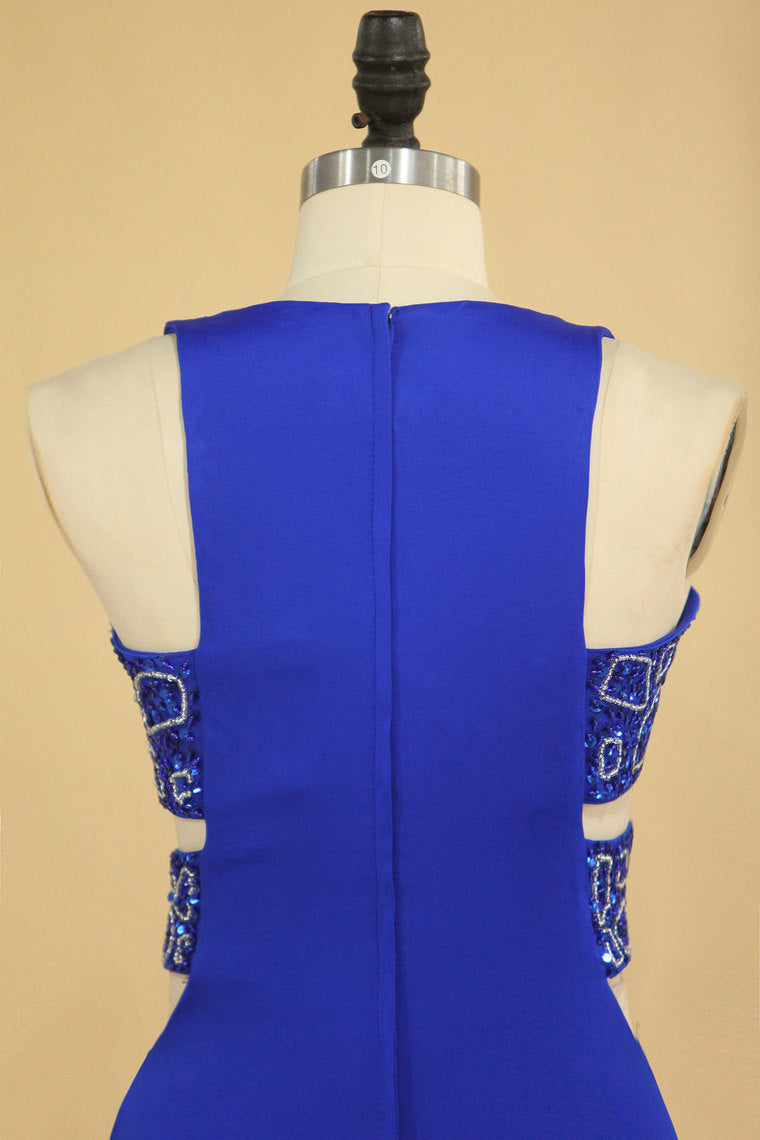 2022 Plus Size New Arrival Scoop Prom Dresses Dark Royal Blue Mermaid Spandex With Beading Sweep Train