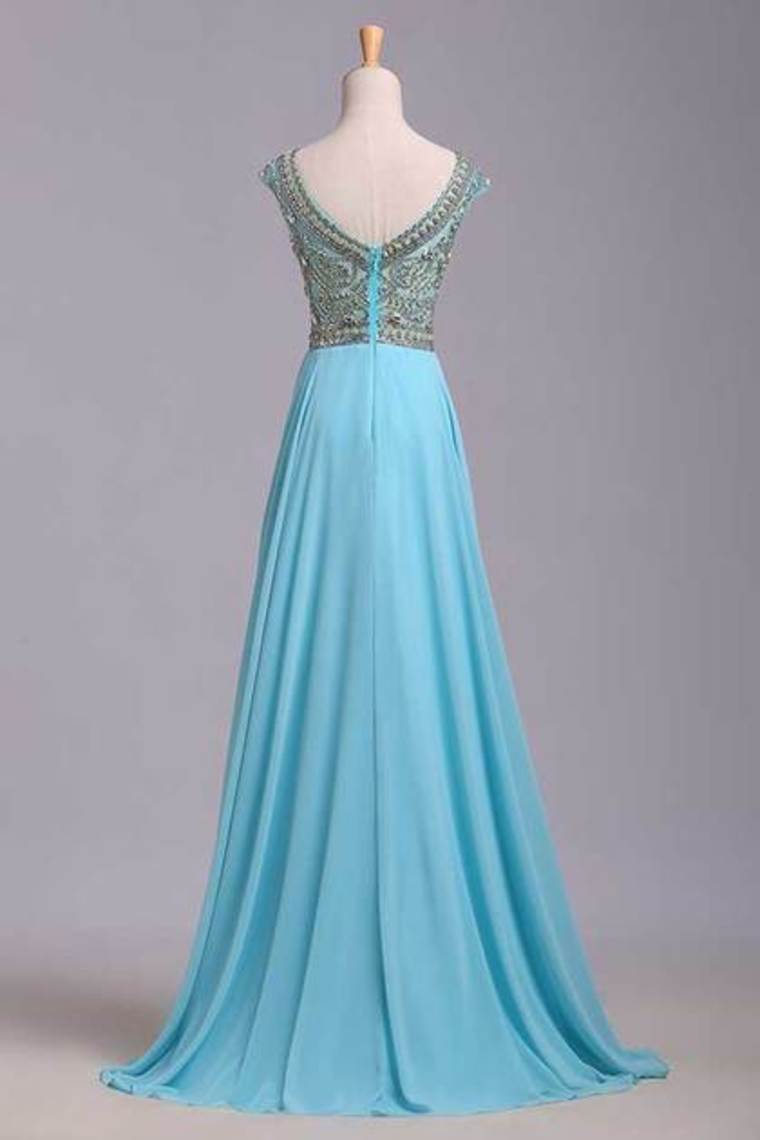 2022 Elegant Prom Dresses A-Line Scoop Beaded Bodice Floor-Length Chiffon Zipper Back