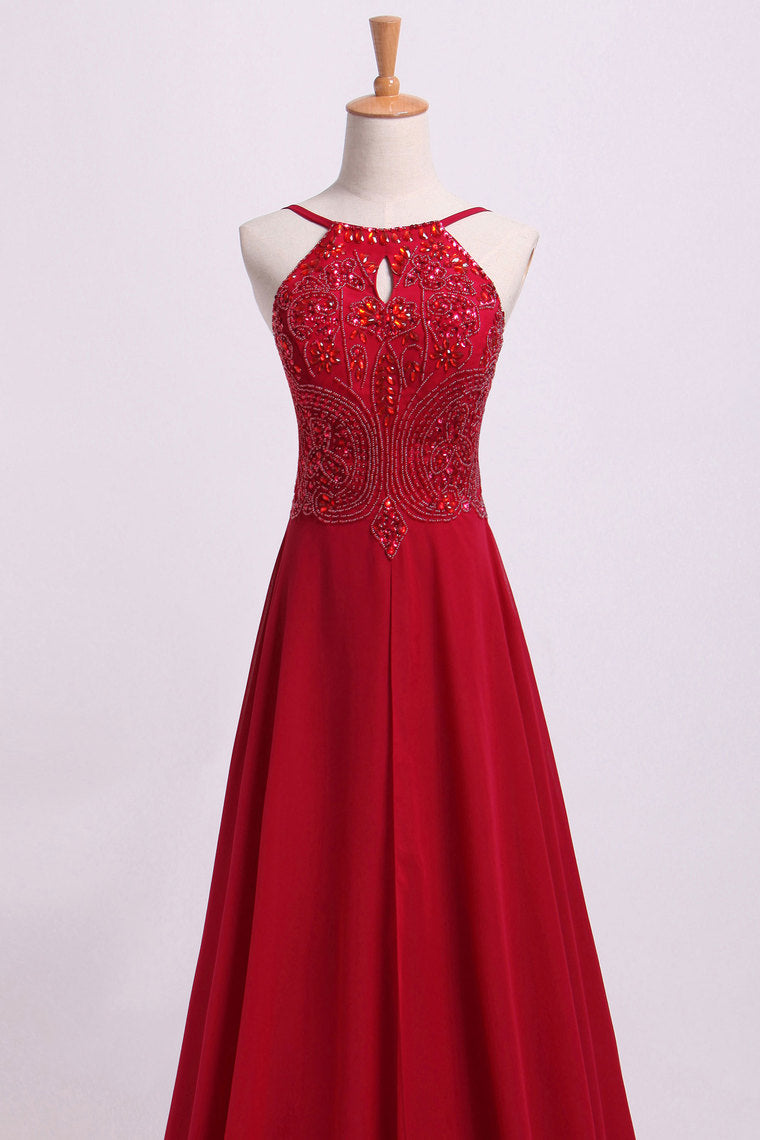 2022  Prom Dresses Spaghetti Straps Beaded Bodice A-Line Chiffon