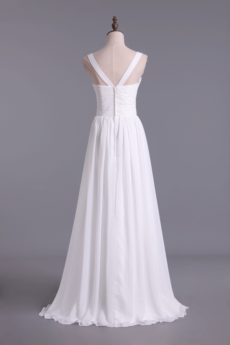 2022 Spaghetti Straps A Line Pleated Bodice Full Length Dress With Shirred Chiffon Skirt