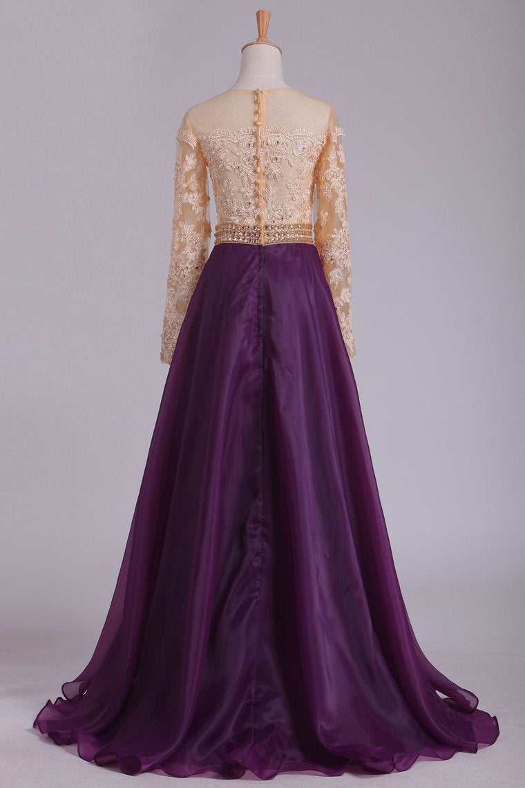 2022 Long Sleeves Prom Dresses Scoop A Line With Applique And Beads Floor Length