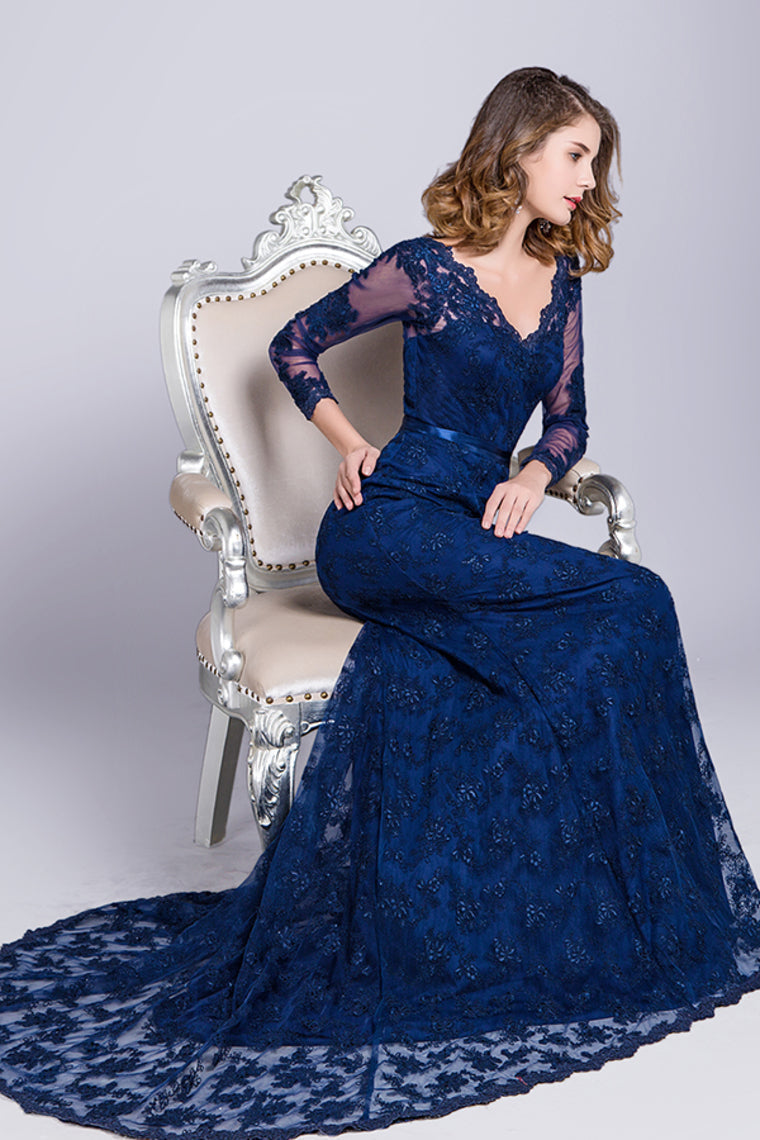 2022 V-Neck Evening Dresses Mermaid With Applique Lace And Tulle