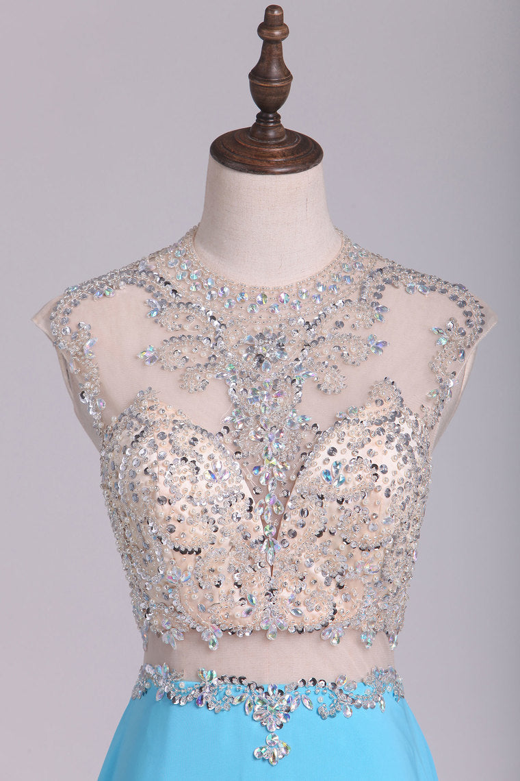 2022 Scoop Prom Dresses Chiffon With Slit And Beads A Line