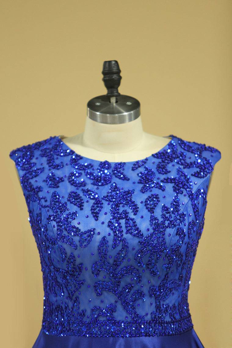2022 Plus Size A Line Prom Dresses Scoop Dark Royal Blue Satin Cap Sleeves Floor-Length