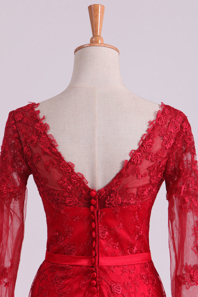 2022 Red V-Neck Evening Dresses Mermaid With Applique Lace And Tulle