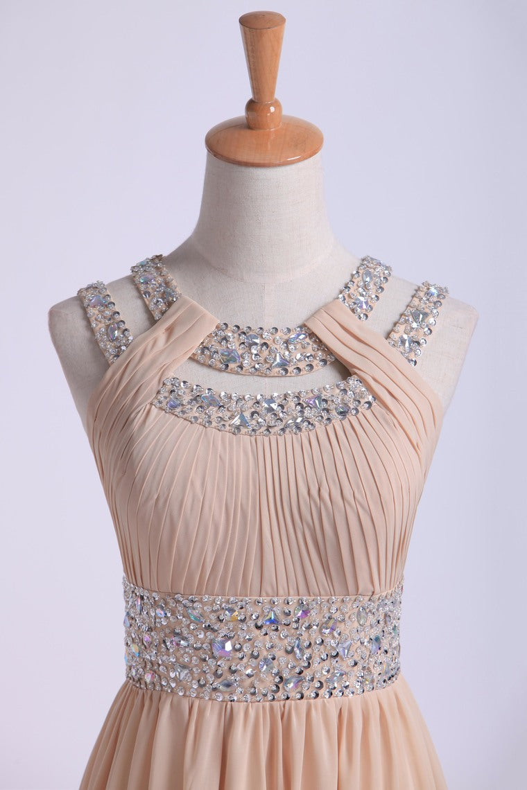 2022 Prom Dresses Scoop A Line Floor-Length Open Back Chiffon With Beading