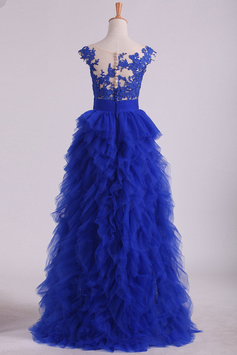 2022 Dark Royal Blue Bateau A Line Evening Dresses With Applique Tulle