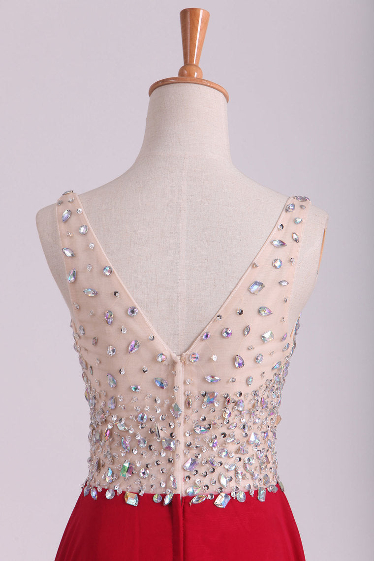 2022 A Line V Neck Prom Dresses Chiffon With Beads And Slit Sweep Train