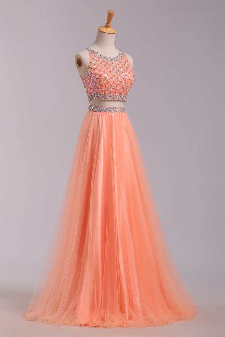 2022 Two Pieces Bateau Beaded Bodice A Line/Princess Prom Dress Pick Up Tulle Skirt Floor Length
