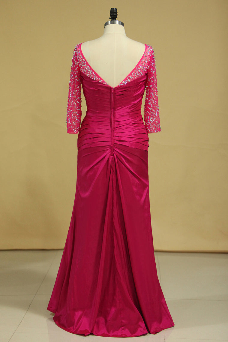 2022 Plus Size Scoop Mother Of The Bride Dresses Long Sleeves Taffeta With Beads And Ruffles Fuchsia