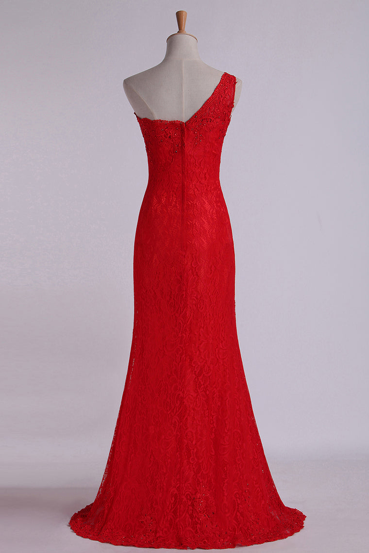 2022 Prom Dresses One-Shoulder Sheath Beaded Lace Floor-Length Zipper Back