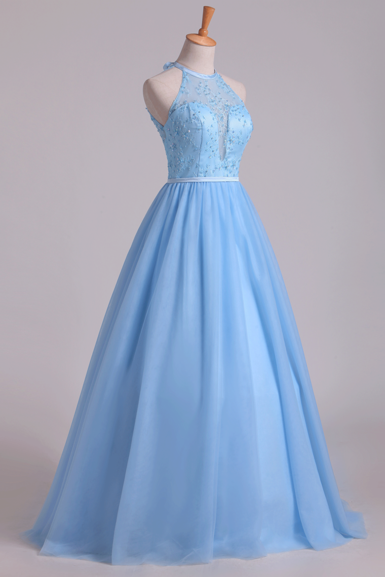 2022 Halter A Line/Princess Prom Dresses With Long Tulle Skirt