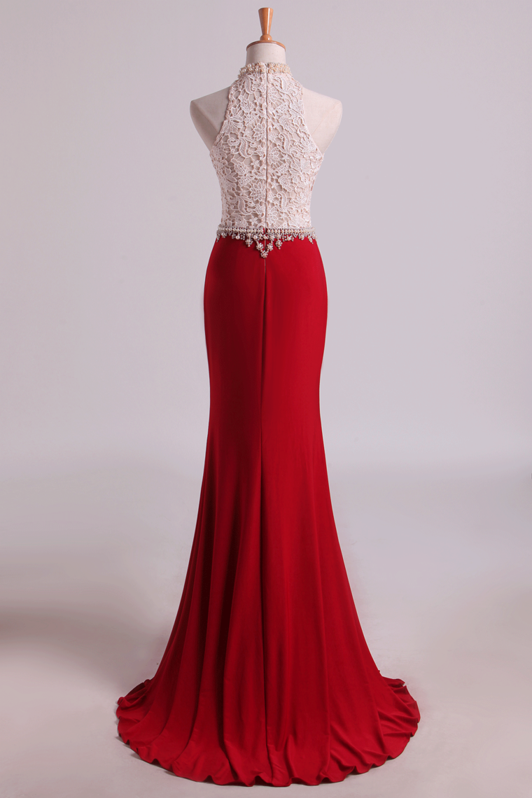 2022 Hot High Neck Prom Dresses Sheath Lace & Spandex Sweep Train