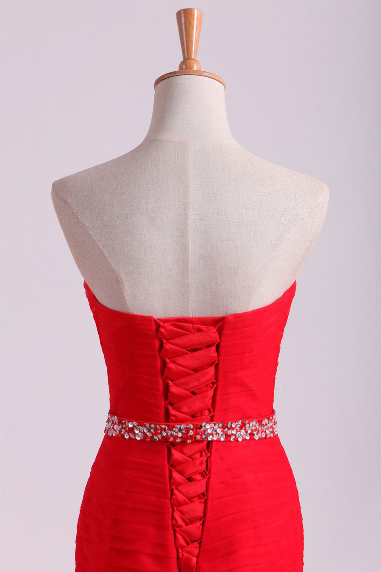 2022 Red Mermaid Sweetheart Floor Length Prom Dresses With Ruffles And Beading Tulle