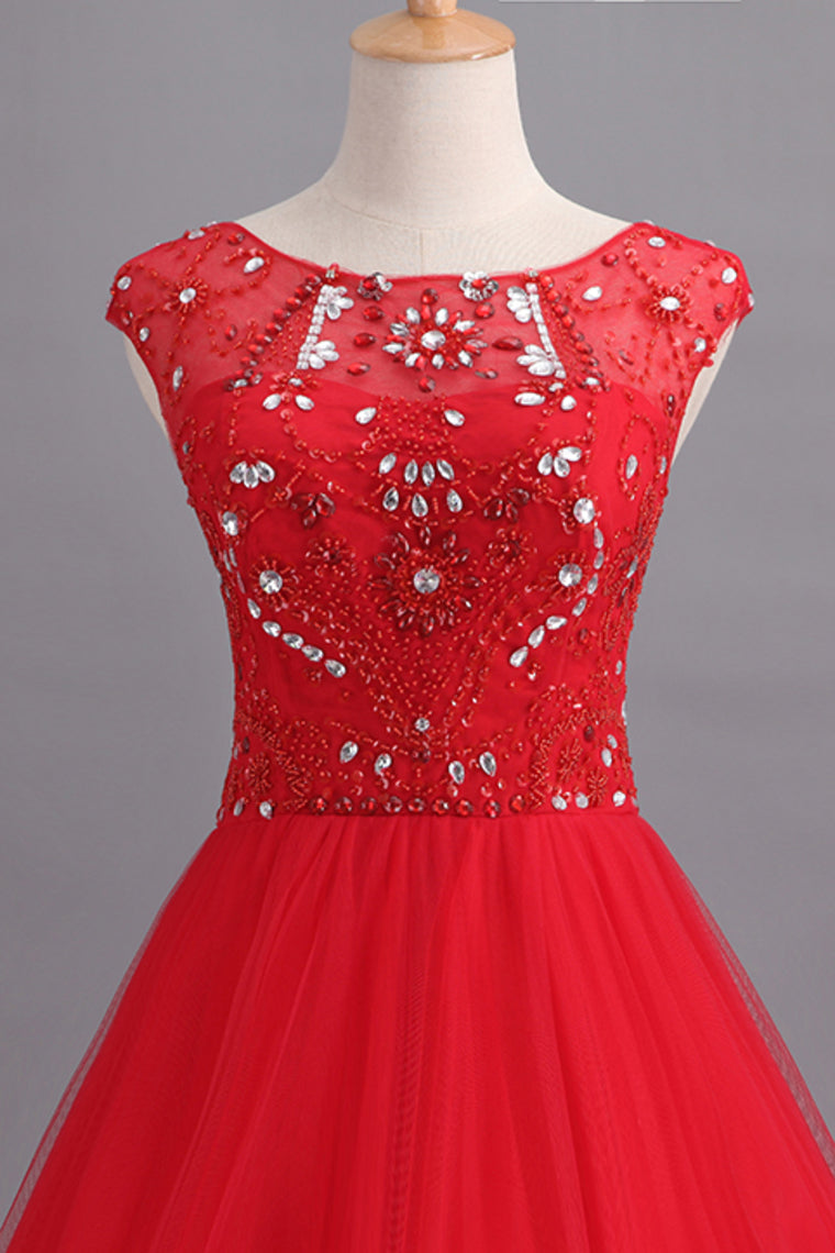2022 Prom Dresses A Line Scoop Long Tulle V Back Red
