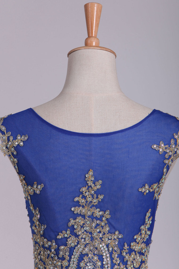 2022 Dark Royal Blue Prom Dresses Scoop Mermaid Spandex With Applique Sweep/Brush Train