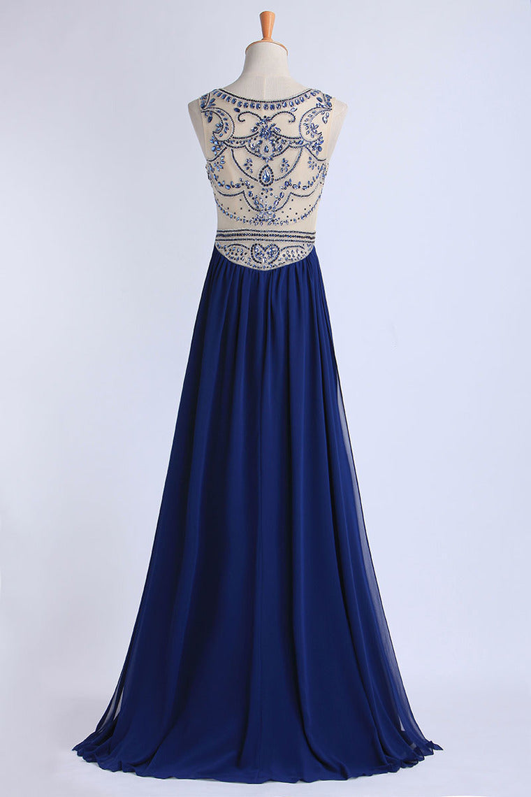 2022 Scoop A Line Full Length Red Prom Dress Beaded Tulle Bodice With Chiffon Skirt
